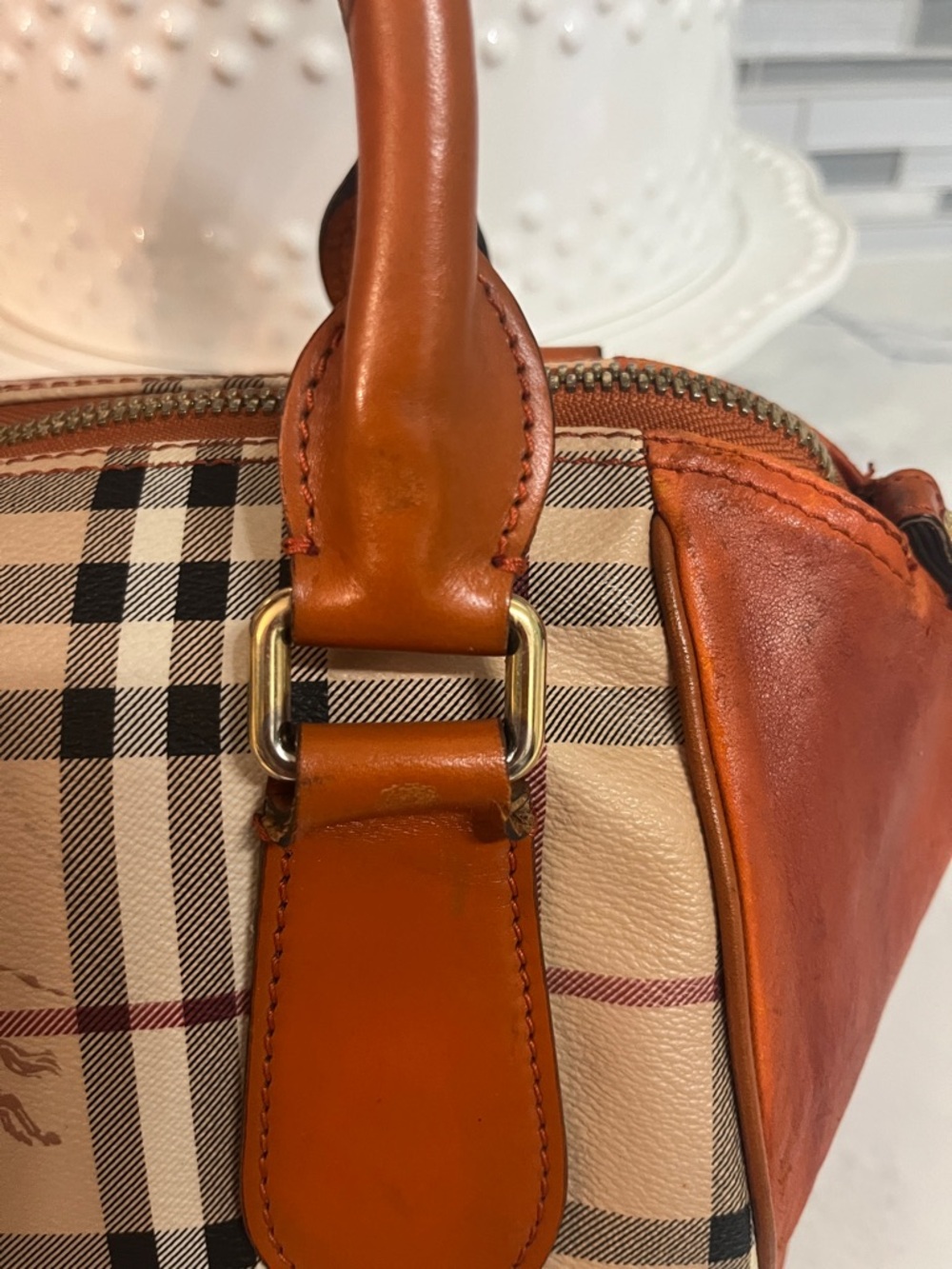 Burberry Orange, Tan & Beige Check Satchel - Picture 4 of 16
